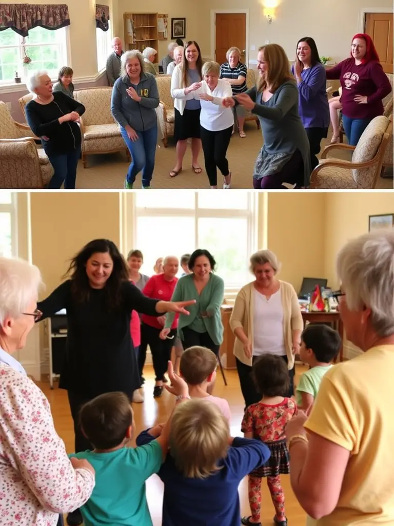 A picture of a group of EVENCO members participating in a community outreach program, such as performing at a local nursing home or teaching dance to underprivileged children.