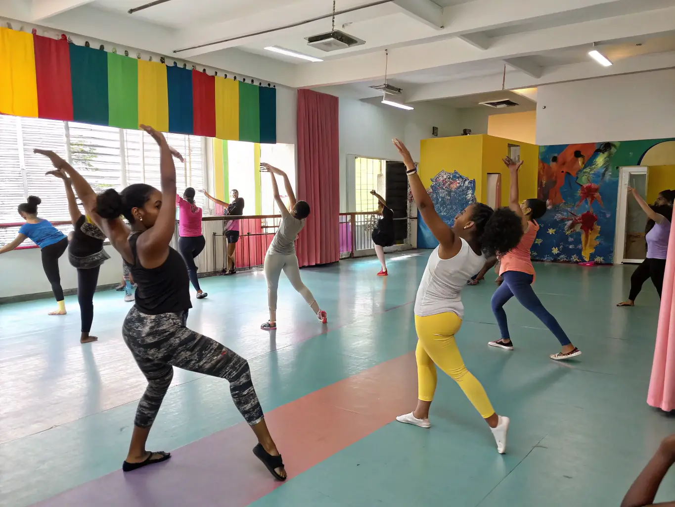 A vibrant photograph capturing a line dance workshop in progress, with participants of various ages and backgrounds enthusiastically following the instructor's lead. The setting is a brightly lit community hall, decorated with country-themed banners and decorations, creating a festive and welcoming atmosphere.