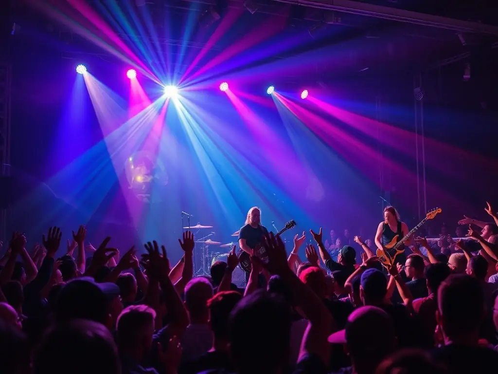 A dynamic image showcasing a live country music performance at one of EVENCO's festive events. The band is energetically playing on stage, while the audience cheers and dances along, creating a lively and immersive atmosphere. The backdrop features colorful stage lighting and event branding.