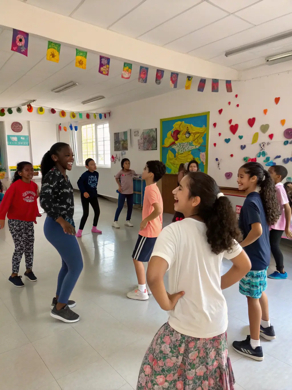 A photograph capturing a line dancing workshop in progress, with participants of various ages learning new steps from an instructor, set against a backdrop of a community hall decorated with country-themed banners.